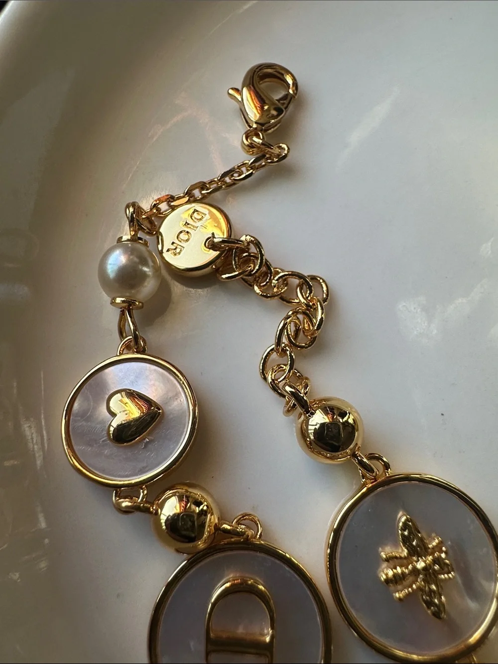 Like New - Dior Gold-Tone Mother-of-Pearl Charm Bracelet with Pearls